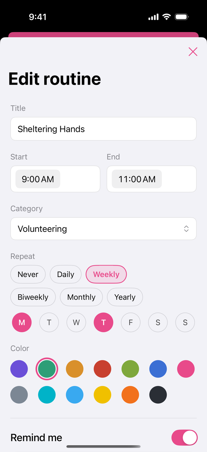 The routine editor, with times, category, repeat options and colours