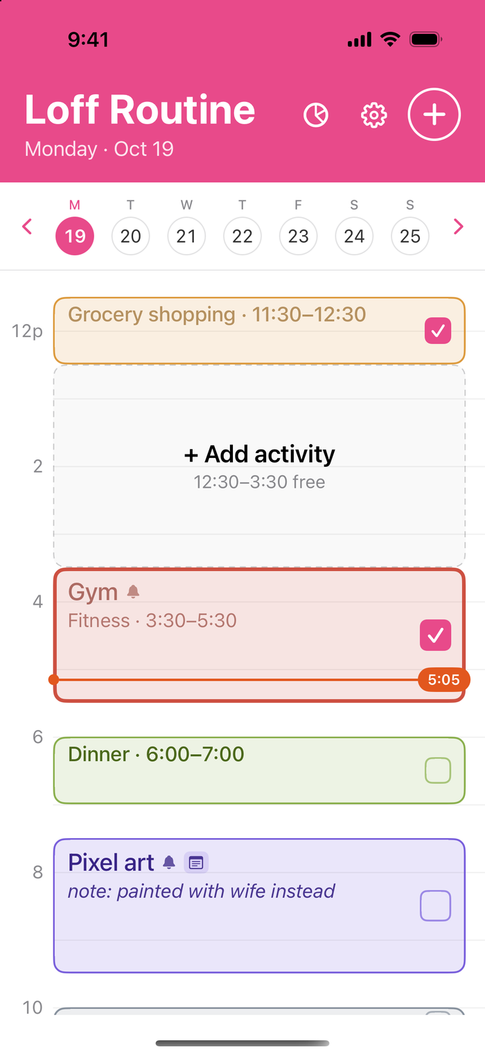 The day timeline, with coloured routine blocks and a live now-line
